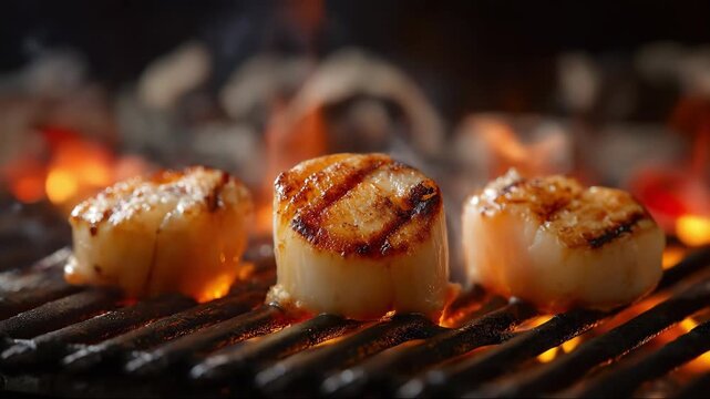 A grilled scallops with char marks on barbecue grill savory seafood delight with flames and golden brown perfection, showcasing mouthwatering cooking and delicious appeal
