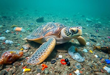 Obraz premium A sea turtle entangled in plastic debris on a polluted ocean floor, turtle, marine debris