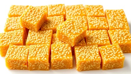 Golden sesame halvah candy, cut into squares, isolated on white, halvah,   white background