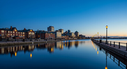 Obraz premium A tranquil waterfront scene showcasing a city skyline reflecting in calm water at dusk.