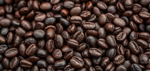 Fototapeta premium Rich, dark coffee beans close-up, showing texture and detail, coffee shop, aroma