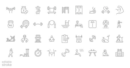 Gym icon set. Simple outline style. Sports equipment, exercises, Weight, strength, movement, sauna, dumbbell, yoga, boxing and more. Thin line symbol. Vector isolated design editable stroke