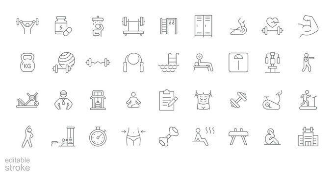 Gym icon set. Simple outline style. Sports equipment, exercises, Weight, strength, movement, sauna, dumbbell, yoga, boxing and more. Thin line symbol. Vector isolated design editable stroke