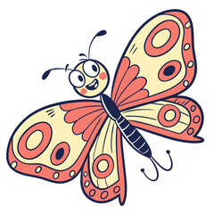 Cartoon Butterfly with Coral and Yellow Wings on White Background