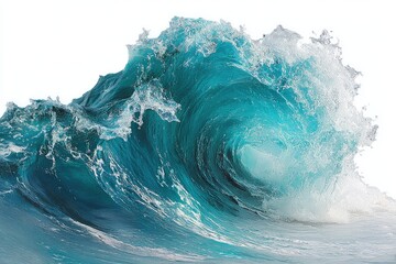 A large, curling ocean wave, turquoise and white, isolated on white