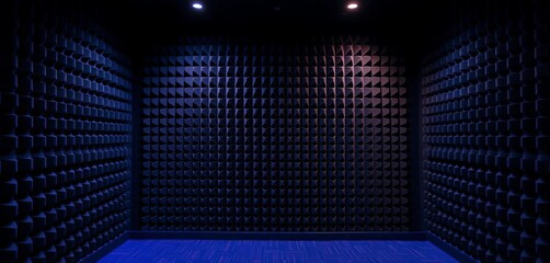 Dark acoustic foam wall, blue lit recording studio, soundproof texture  Copy space,  website,  panel