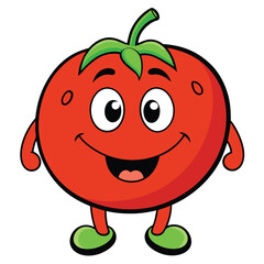 Cartoon Tomato Character with Big Smile and Green Stem on White Background