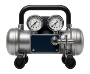 Portable air compressor unit with dual pressure gauges for construction sites.