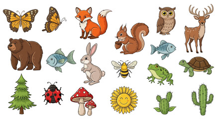Fototapeta premium A colorful collection of cute cartoon forest animals and nature elements, including a fox, bear, deer, butterfly, and tree.