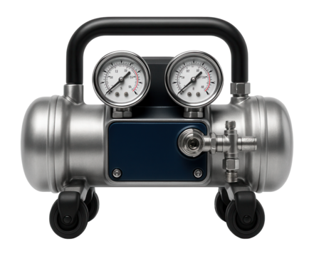 Portable air compressor unit with dual pressure gauges for construction sites.