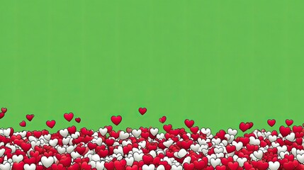 Red and white hearts cascading on a green background
