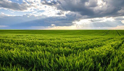 Fototapeta premium Lush green field under dramatic sky (1)