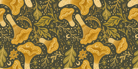 Vector seamless pattern with chanterelles and leaves on dark background. Autumn print in boho style © Nastasja