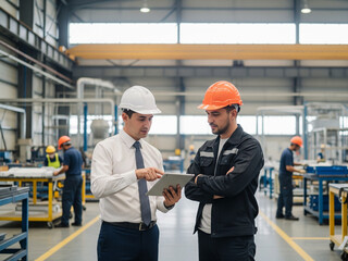 Worker and supervisor review production design using modern tablet device.