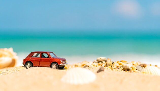 Red toy car on sandy beach near ocean (1) - Powered by Adobe