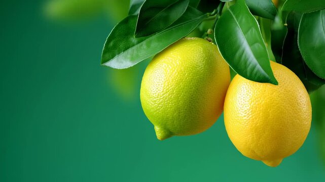 Fresh lemons hanging from vibrant green leaves, showcasing the gradual ripening process of citrus fruits, highlighting the contrast between yellow and green, creating a visually appealing natural scen