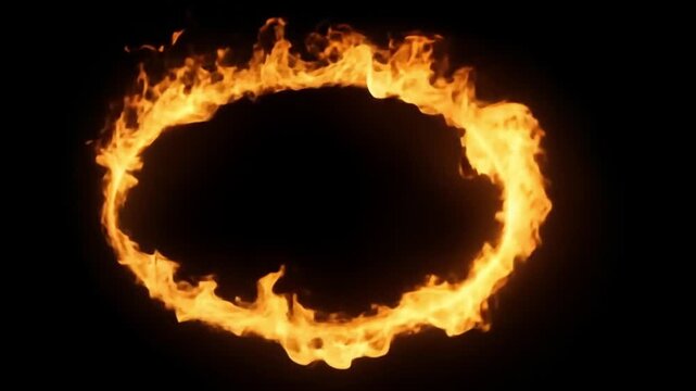 Bright fire ring burning intensely against a black background, creating a dramatic and vibrant visual