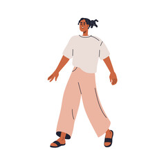 Obraz na płótnie Canvas Young black man walking in modern casual clothing, relaxed comfortable urban style. Male in loose summer outfit with t-shirt and slides, sandals. Flat vector illustration isolated on white background