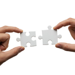 Well-groomed hands in neutral sleeves precisely fit two transparent jigsaw puzzle pieces on a clean, blurred white studio background with soft lighting, embodying corporate synergy and completion