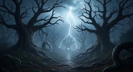 Spooky forest with lightning strikes at night