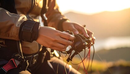Paragliding pilot adjusting equipment at sunrise