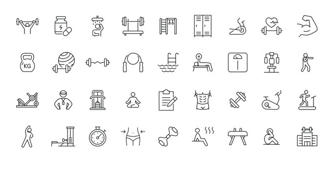 Gym icon set. Simple outline style. Sports equipment, exercises, Weight, strength, movement, sauna, dumbbell, yoga, boxing and more. Thin line symbol. Vector isolated design