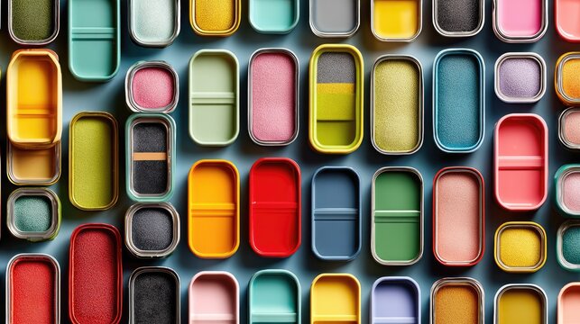 Colorful, rectangular containers arranged in grid pattern on a light blue background