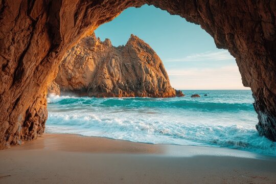 Coastal cave opening onto a sandy beach and turquoise ocean