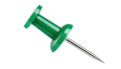 Office green push pin for notice board and paper attachment isolated on white background