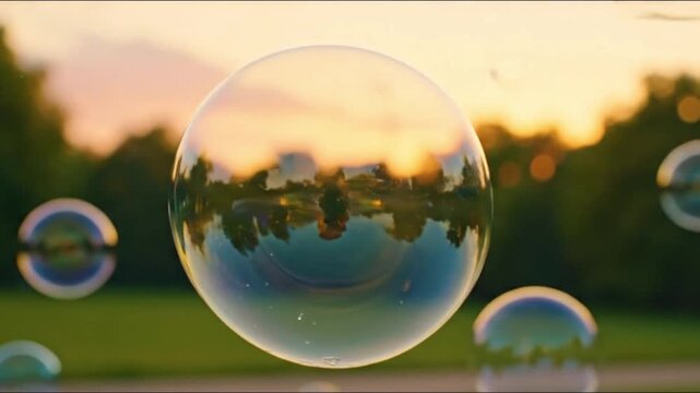 A dreamy slow-motion video of large, iridescent soap bubbles floating against a beautiful sunset sky, symbolizing joy, dreams, and childhood.