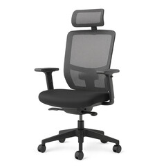 Fototapeta premium Photo of a modern black ergonomic office chair with a breathable mesh back, adjustable features, and a headrest, designed for comfort and support, isolated on a transparent background