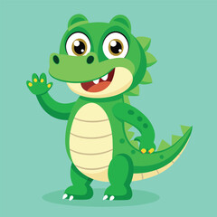 Fototapeta premium Friendly Green Crocodile Cartoon Character Waving Hello with a Cheerful Expression on a Light Blue Background