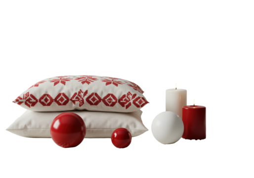 High-key flat lay: white knitted rug, cushion with red pattern, red & white spheres, unlit white candle on background, concept of elegant minimalist home decor