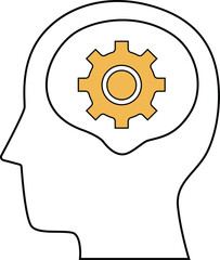 Silhouette of a human head with a golden gear inside, representing thinking, problem-solving, or mechanical mind.