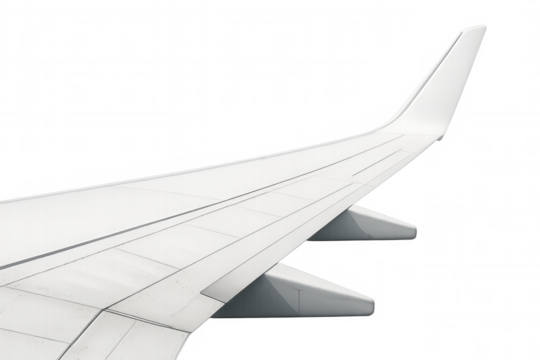 Clean white airplane wing against a transparent background, perfect for travel and aviation projects