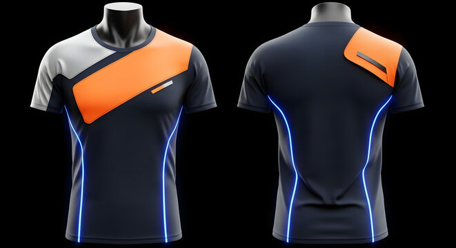 Futuristic athletic t-shirt design with neon accents on a black base, highlighting modern style. - Powered by Adobe
