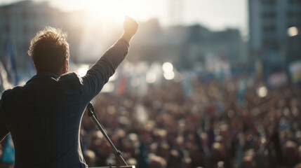 Man passionately speaking from a podium to a large  crowd during an outdoor protest or rally. Concept of activism, political movements, social causes, and public speeches.