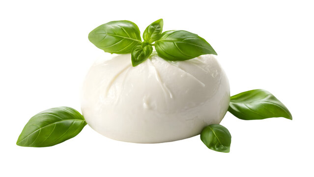 mozzarella burrata cheese with basil leaves isolated on transparent background isolated on white background