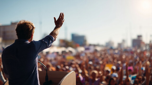 Man passionately speaking from a podium to a large  crowd during an outdoor protest or rally. Concept of activism, political movements, social causes, and public speeches.
