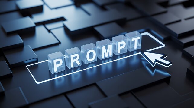 PROMPT blocks on a glowing button being clicked by a cursor, AI concept