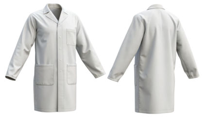 Lab Coat 3D Model, Front and Back Views with Pockets on Transparent Background