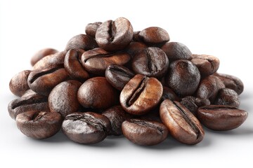 Fototapeta premium A small pile of dark roasted coffee beans sits on a white background