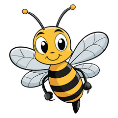 Cheerful Cartoon Bee Flying with Striped Body on a White Background