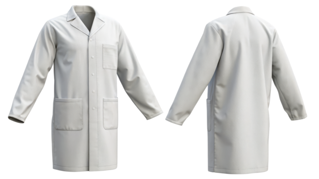 Lab Coat 3D Model, Front and Back Views with Pockets on Transparent Background - Powered by Adobe