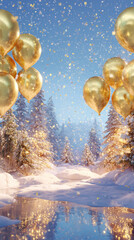 Obraz premium Golden balloons on a winter landscape