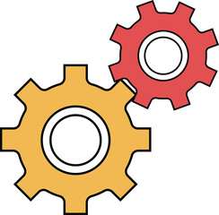 Two interlocking gears, one yellow and one red, symbolizing connection, teamwork, or a mechanical process.