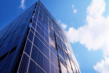 Fototapeta premium Solar panels reflect sunlight on a modern building against a clear blue sky