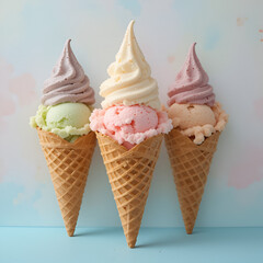 Colorful Assorted Ice Cream Cones with Scoops and Soft Serve Swirls