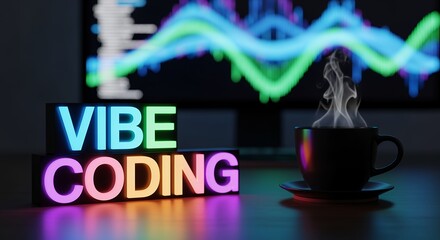 Stacked Vibe Coding light blocks on a desk with a monitor and coffee
