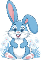 Cartoon Blue Rabbit Sitting on Grass, Bent Ear, White Fur Accents, Happy Expression, Cute Bunny Character, Vector Illustration for Kids and Spring Themes